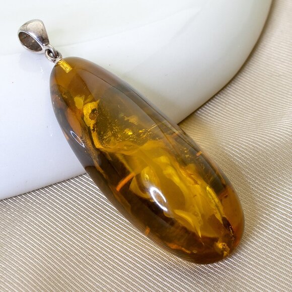 Natural Honey Baltic Amber Pendant, 925 Silver Bale With Inclusions - Picture 1 of 9